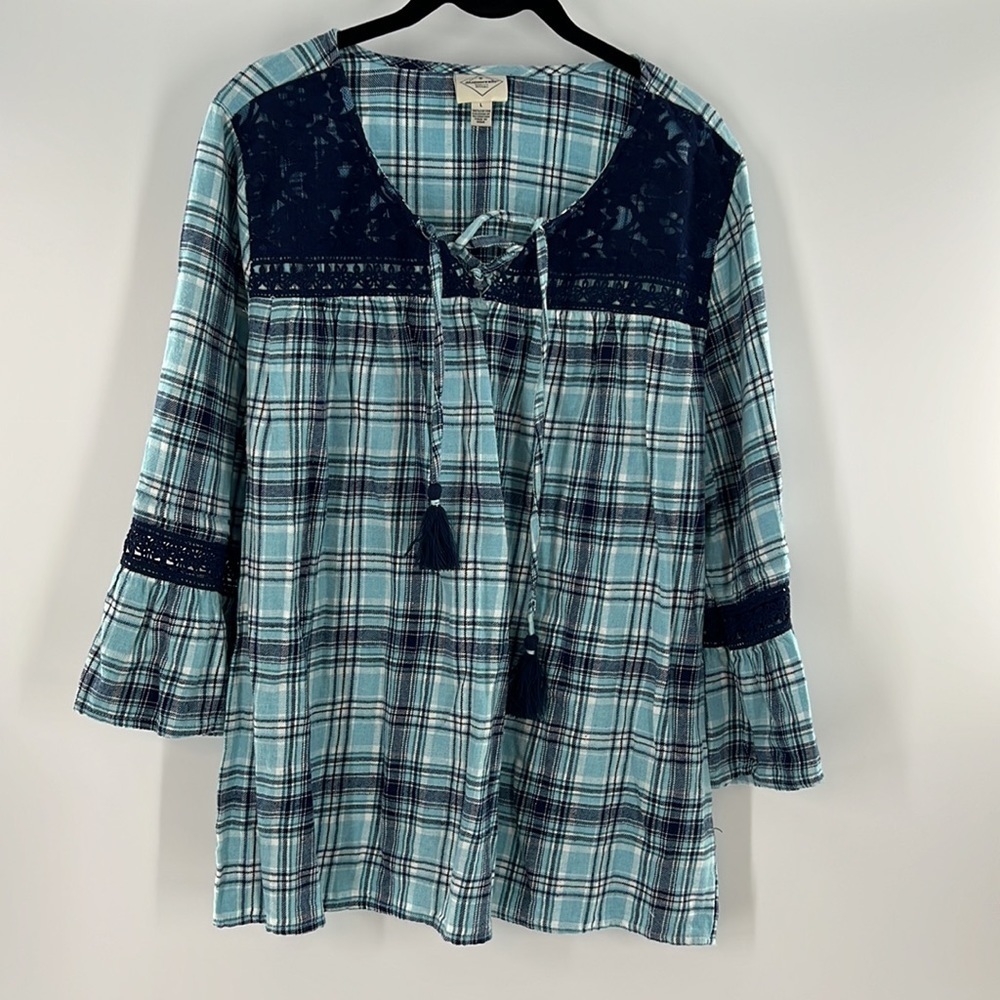 ST JOHNS BAY FLANNEL TOP PULLOVER BLUE PLAID WITH BUTTERFLY SLEEVES LARGE NEW
